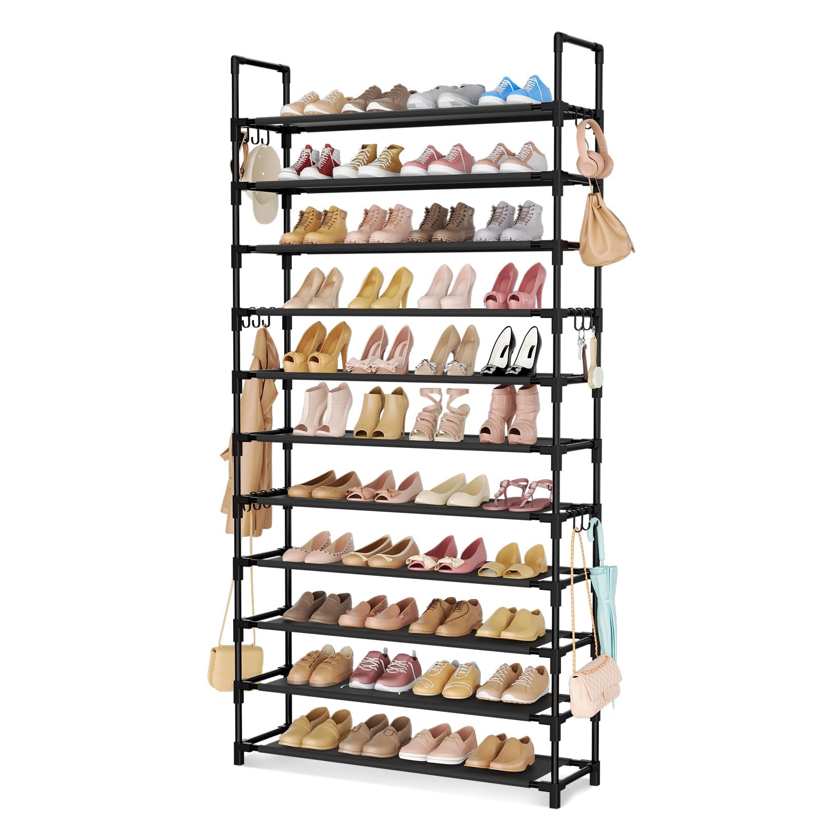 11 Tier Tall Wide Shoe Rack Holds 55 Pairs with 18 Hooks Metal Shelf Black
