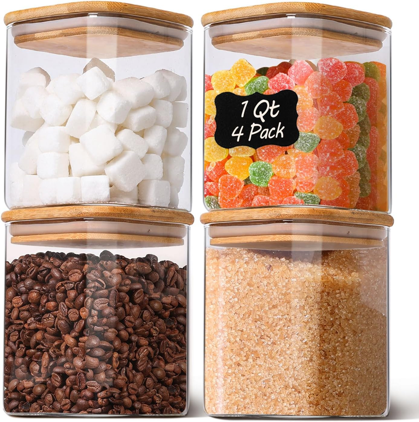 Glass Pantry Storage Containers with Bamboo Lids 1Qt 4 Pack Square | Pantry Orga