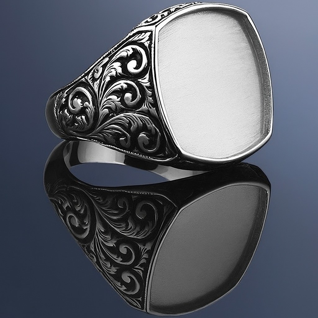 Men’s 925 Sterling Silver Signet Ring Gold Plated Vintage Engraved Cushion Blank