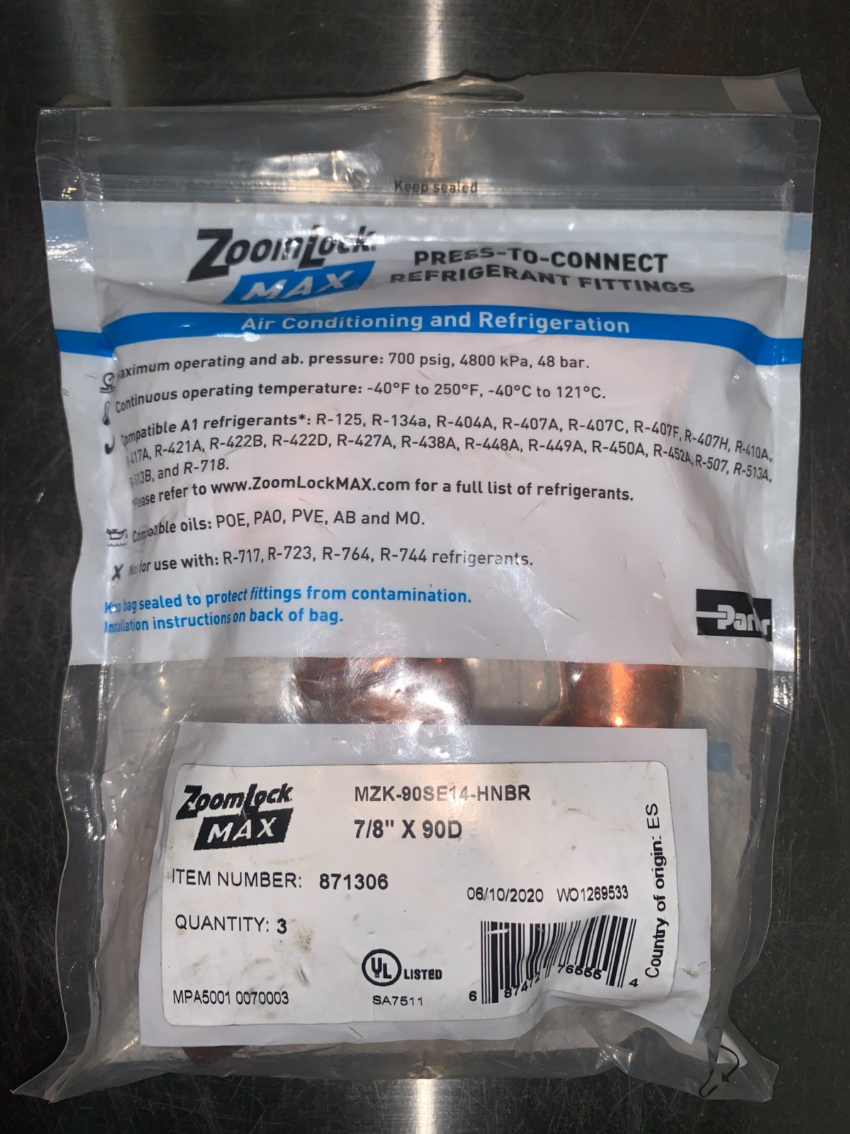 7/8 ACR PRESS STREET 90 ELBOW - MZK-90SE14-HNBR - Zoom Lock MAX Parker Hannifin