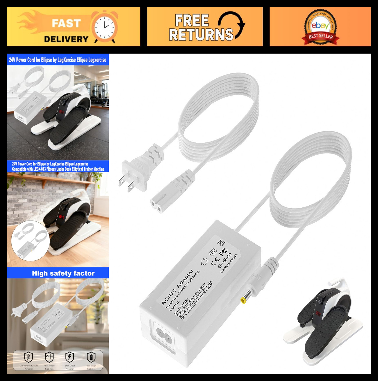 24V Power Cord Charger for Under Desk Elliptical Trainer, Compatible with LEGX-0