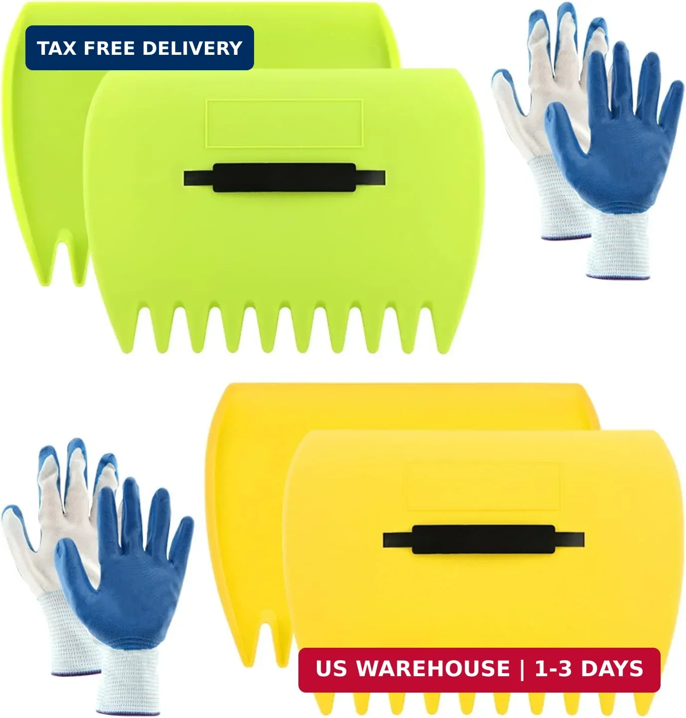 2 Pairs Garden and Yard Leaf Scoops Hand Rakes with 2 Pairs Gloves, Large Sized
