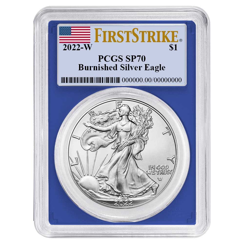 2022-W $1 1-oz Burnished American Silver Eagle PCGS SP70 FS Flag Label Blue