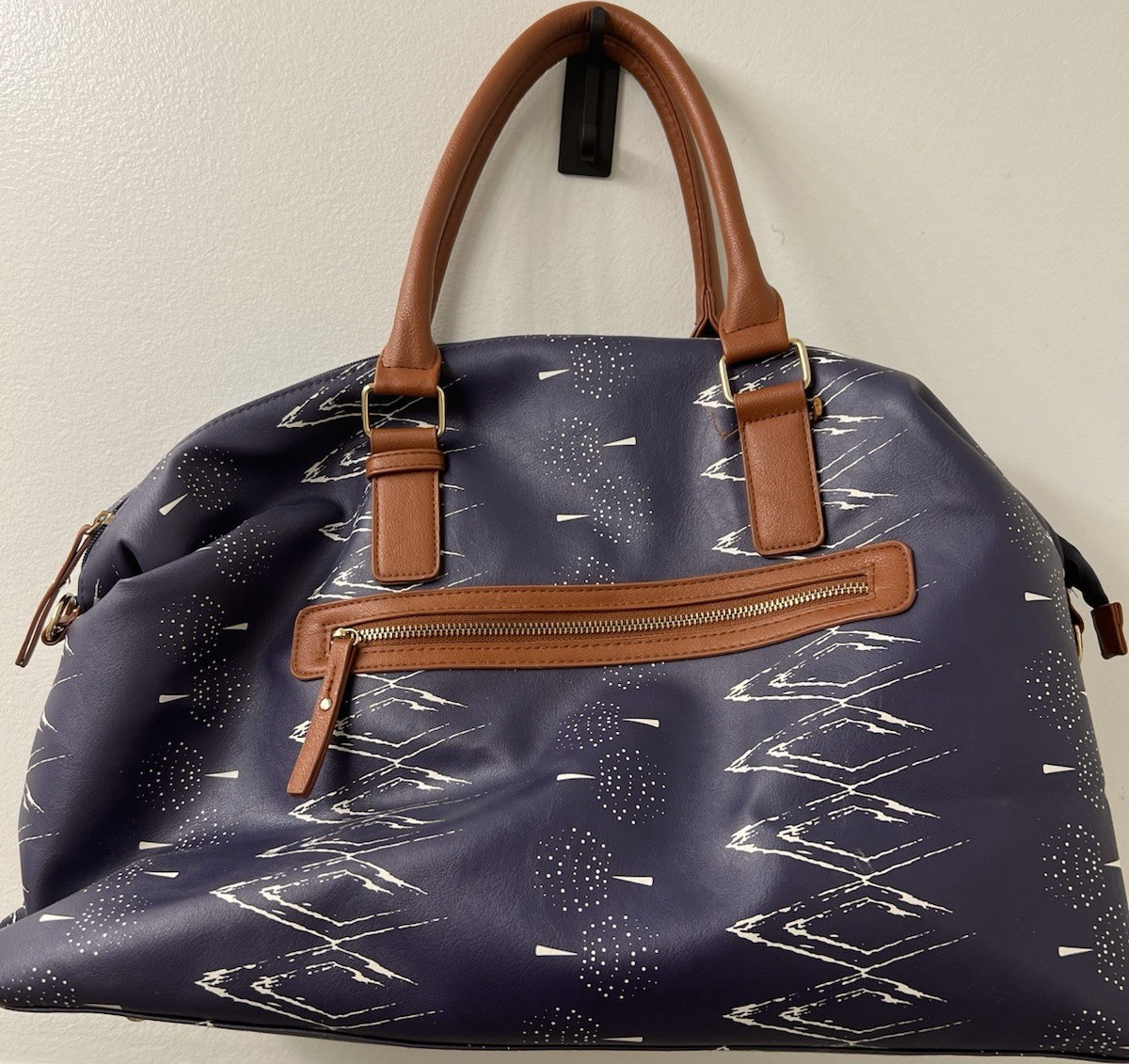 Geometric Blue pattern Duffle Bag Soft Case Brown Handles
