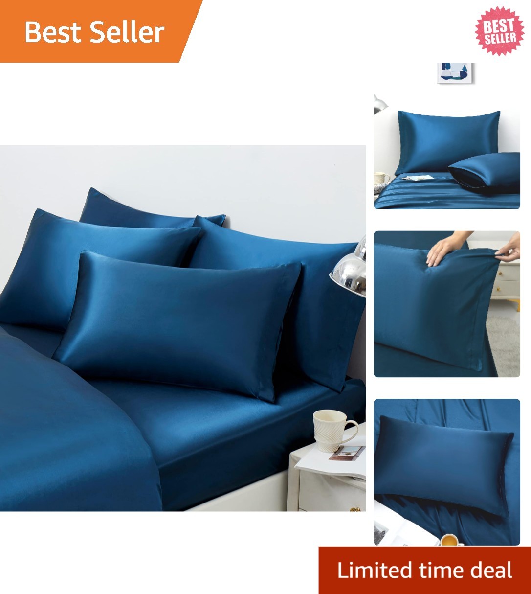 Queen Size Ultra Soft Satin Pillowcases Set of 4, Navy, Hair & Skin Protection