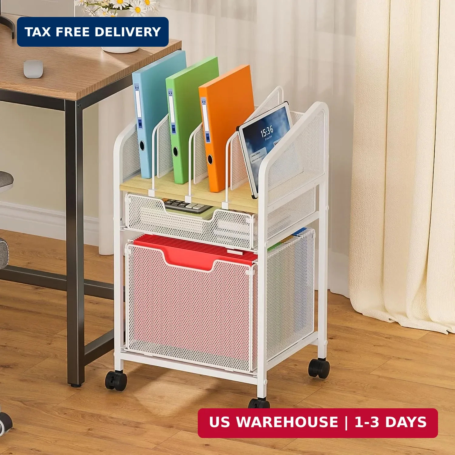 Rolling File Cabinet with Adjustable Dividers, Mobile Filing Cabinet with 2 Stor