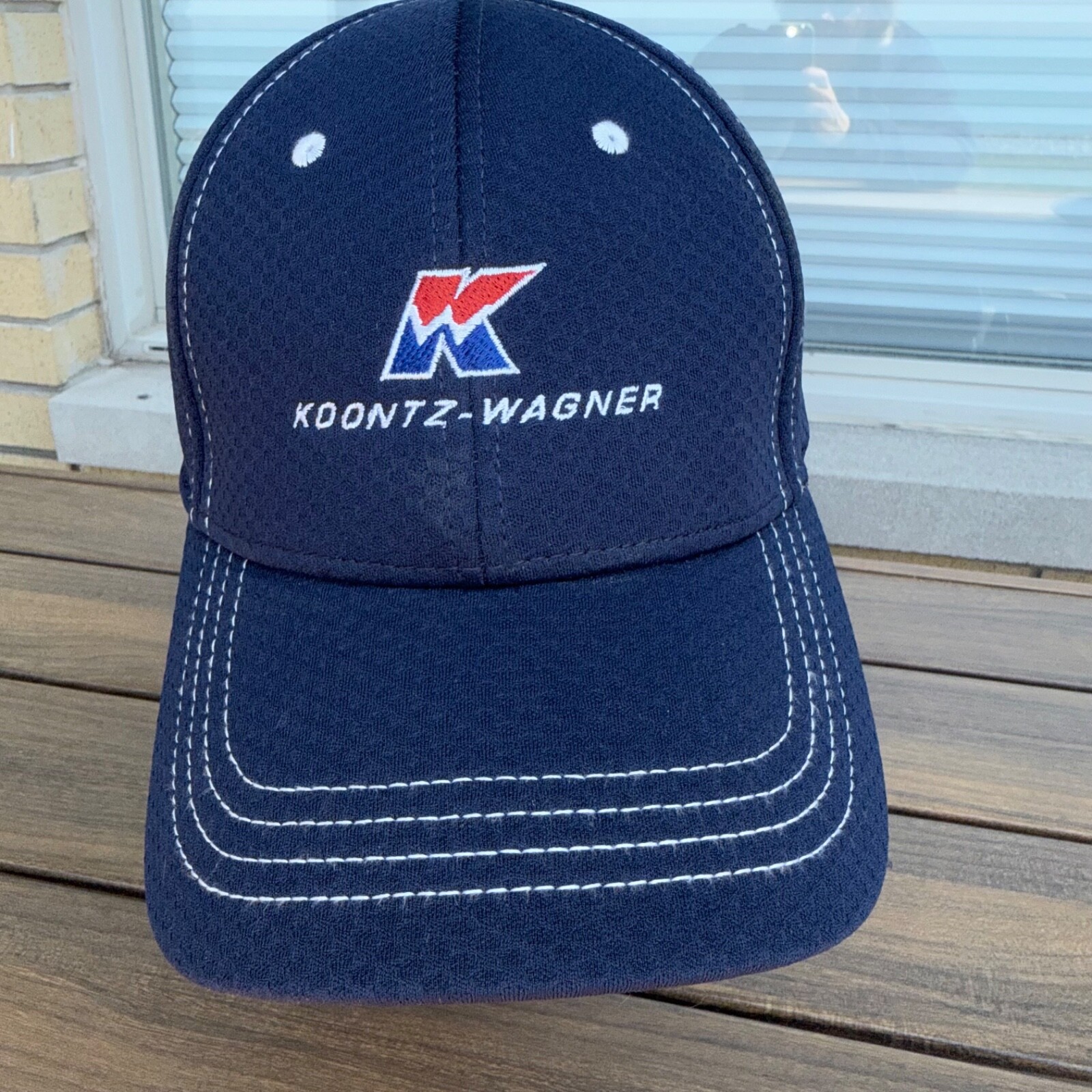 Koontz-Wagner RWb K Logo Letters on Navy Blue Hat Cap Hook Loop Top Stitch EUC