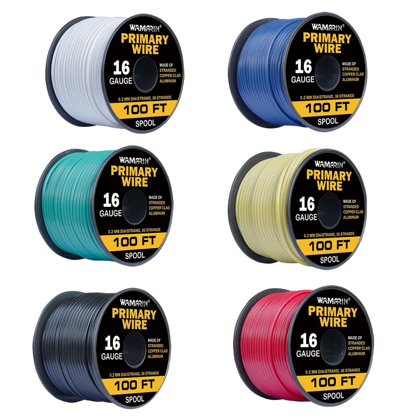 Wamarin 16 Gauge Wire Combo, 6 Colors, 100ft Rolls (600ft Black, Green, Blue