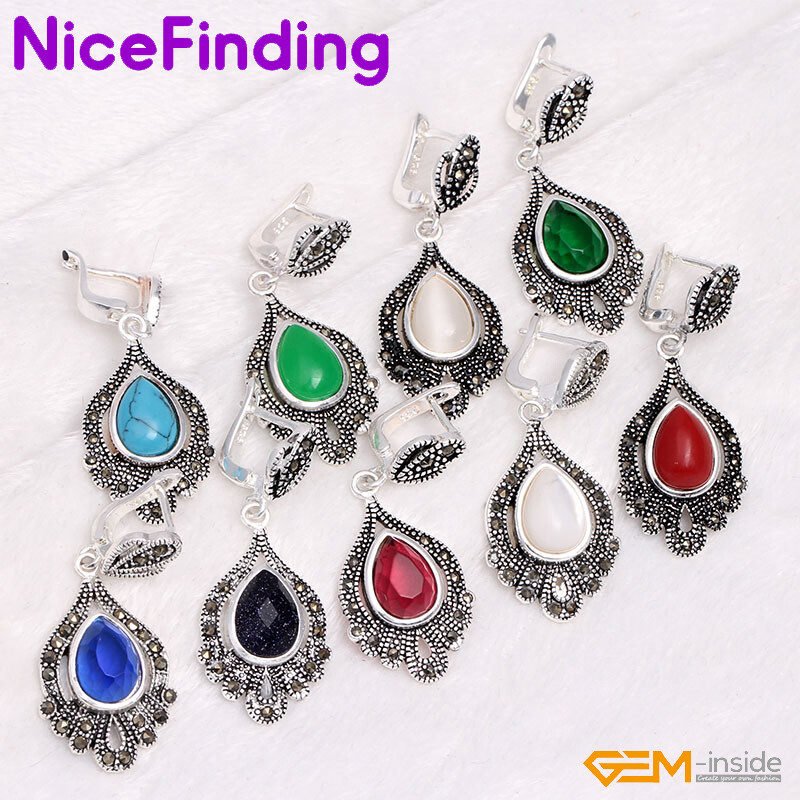 Assorted Drop Gemstones Marcasite Dangle Stud Fashion Jewelry Women Earring Gift