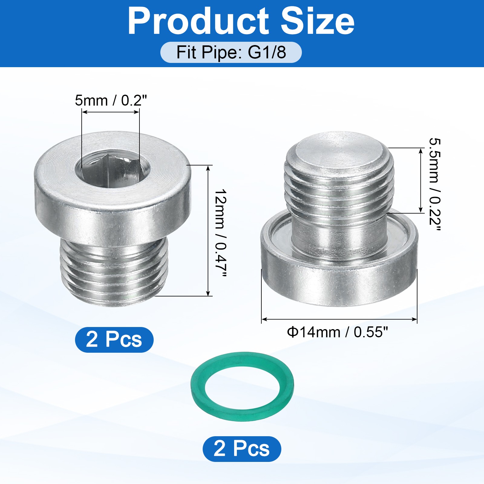 2Pcs G1/8 Carbon Steel Inner Hex Head Pipe Fitting Plug with O-Ring