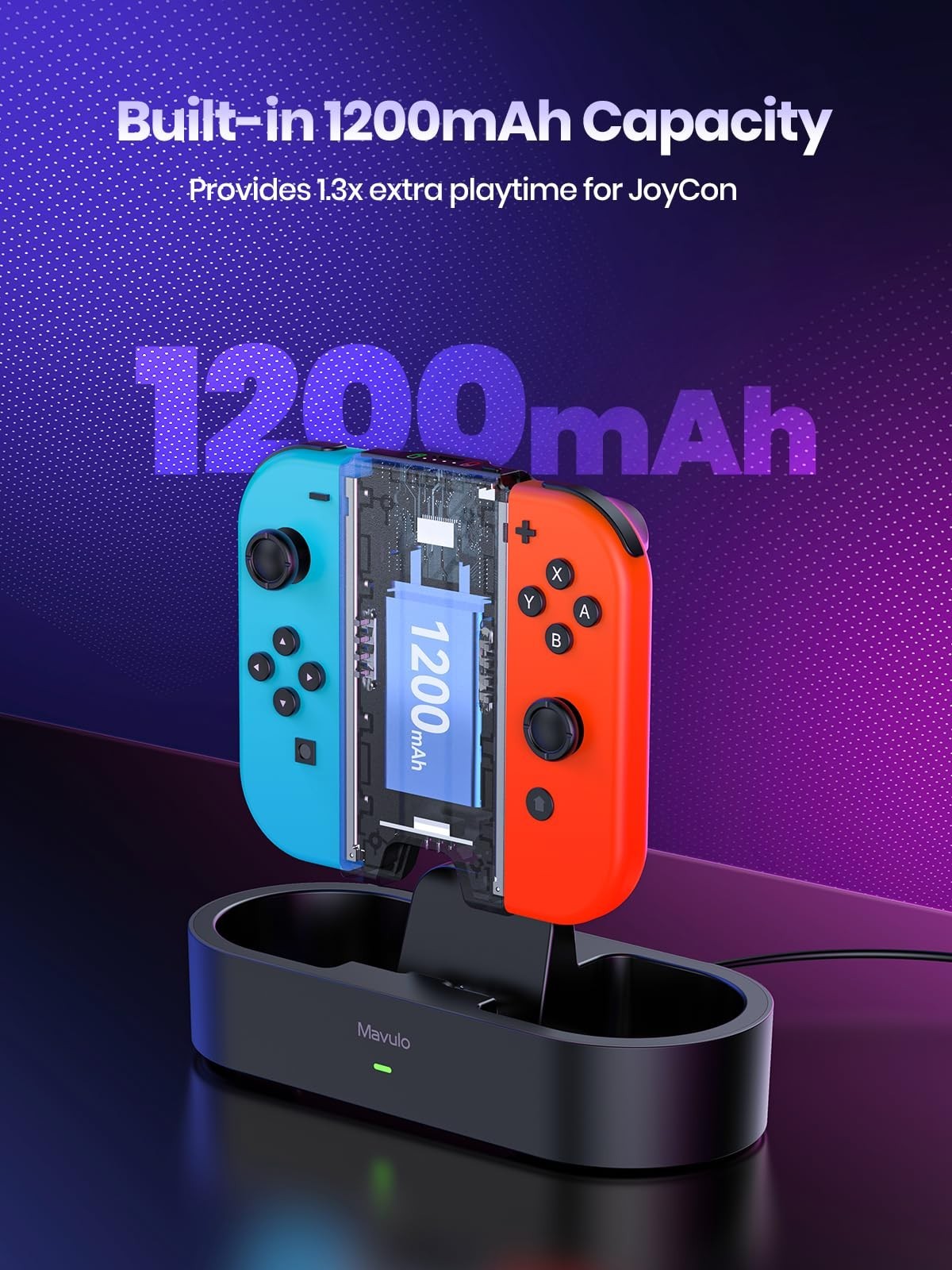 Charger Grip for Joy Con with 1200mAh Battery Steel Slide Rails Charging Dock