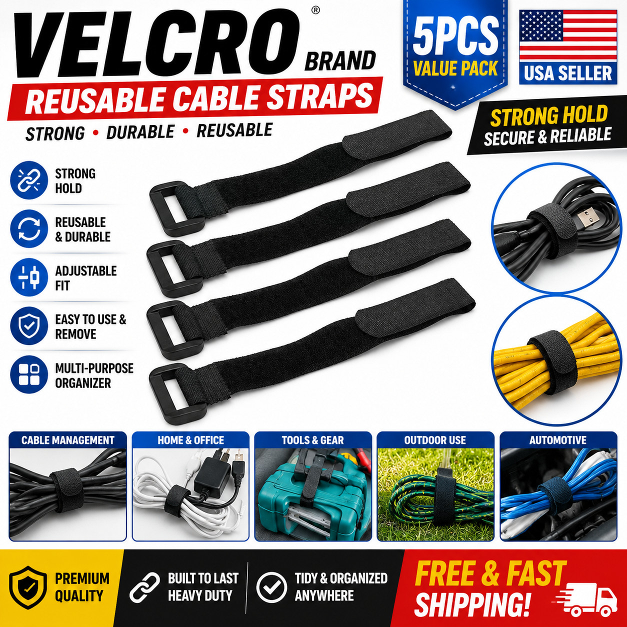 VELCRO Brand Bulk Reusable Fastening Cable Straps with Buckle Variety US