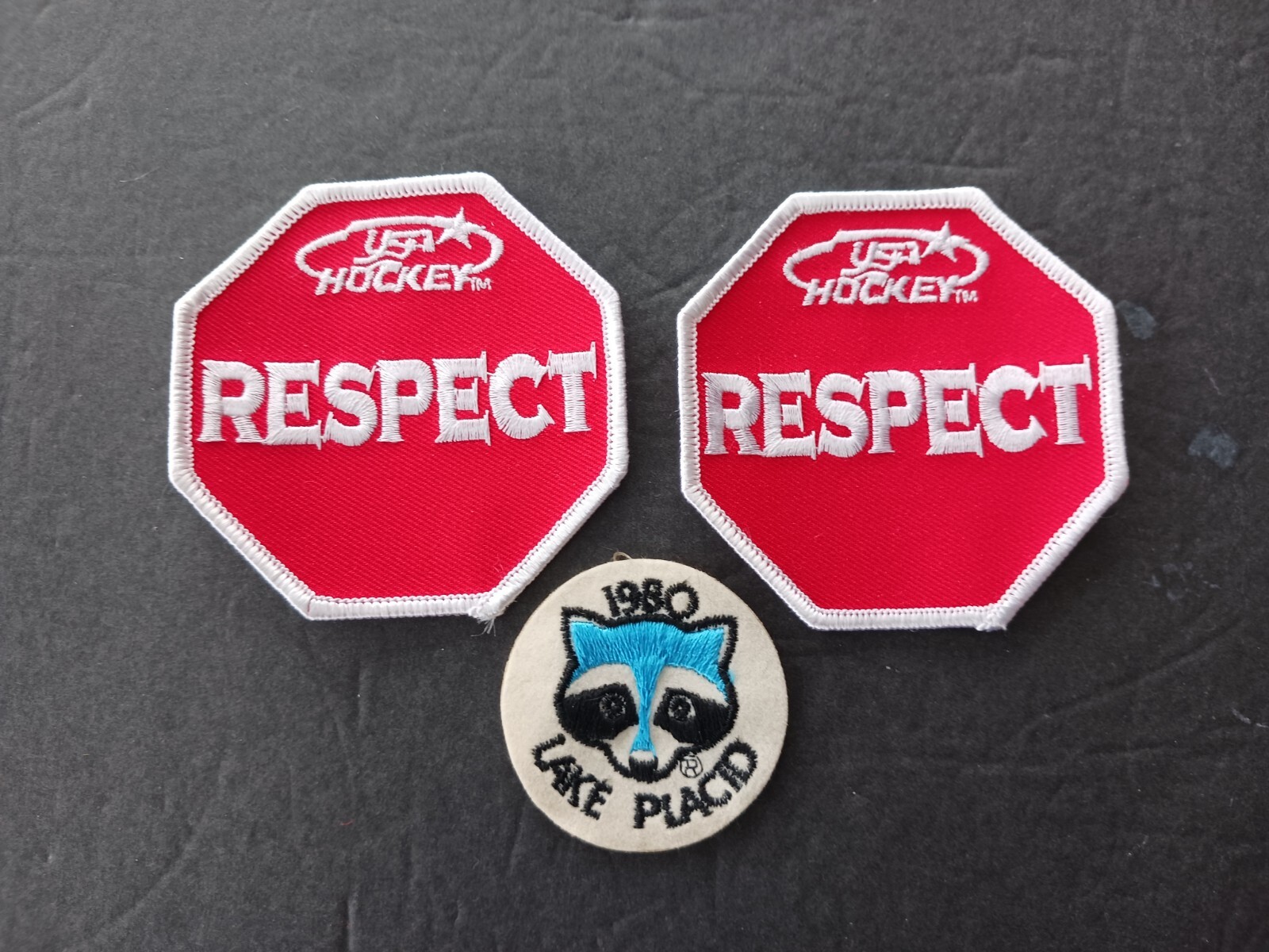 2 - USA Hockey RESPECT and 1 - 1980 Lake Placid Raccoon Mascot Sew On Patches