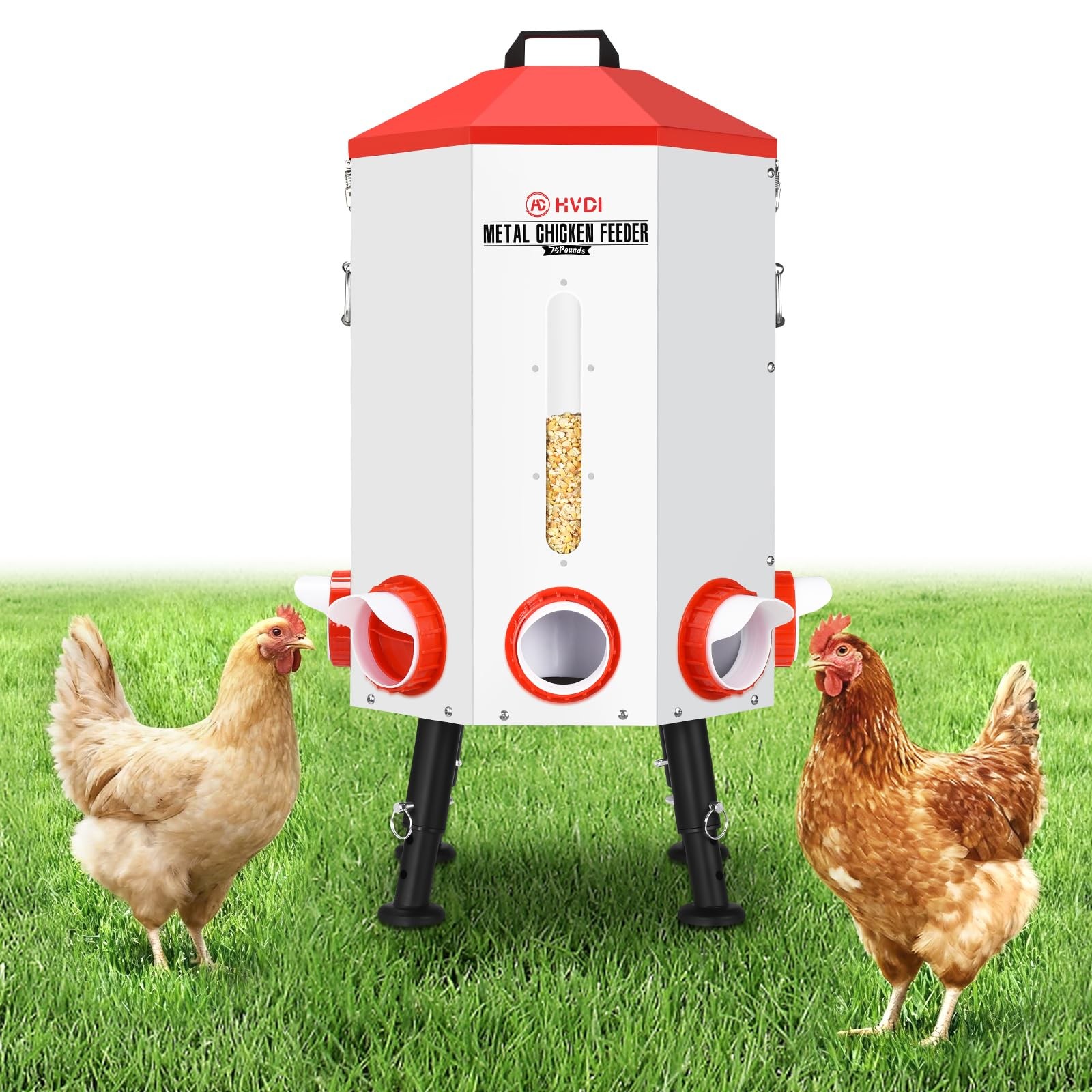 80 LB Large Chicken Feeder Adjustable Stand Gravity 8 Port Rain Proof Coop Bin
