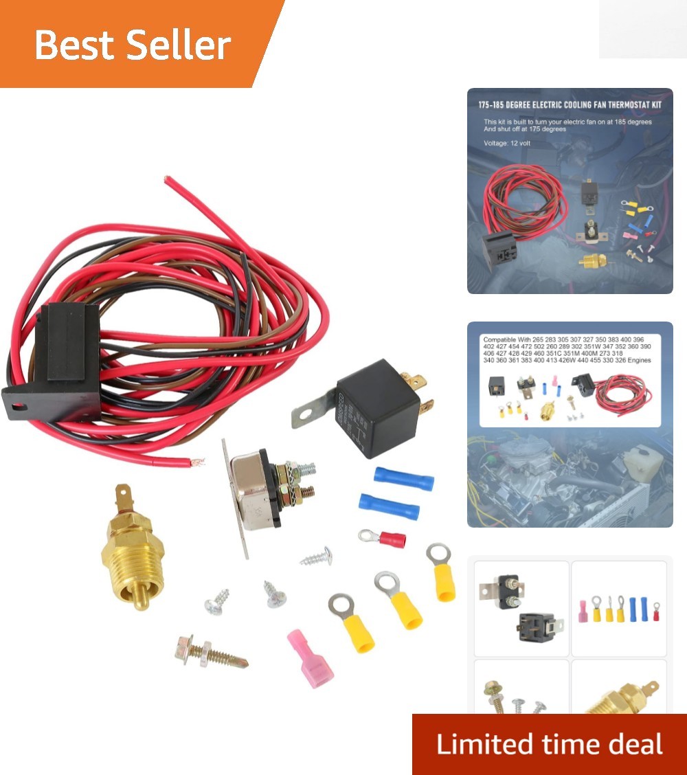 175-185 Degree Electric Fan Thermostat Kit for All 12V Engines - Easy Install