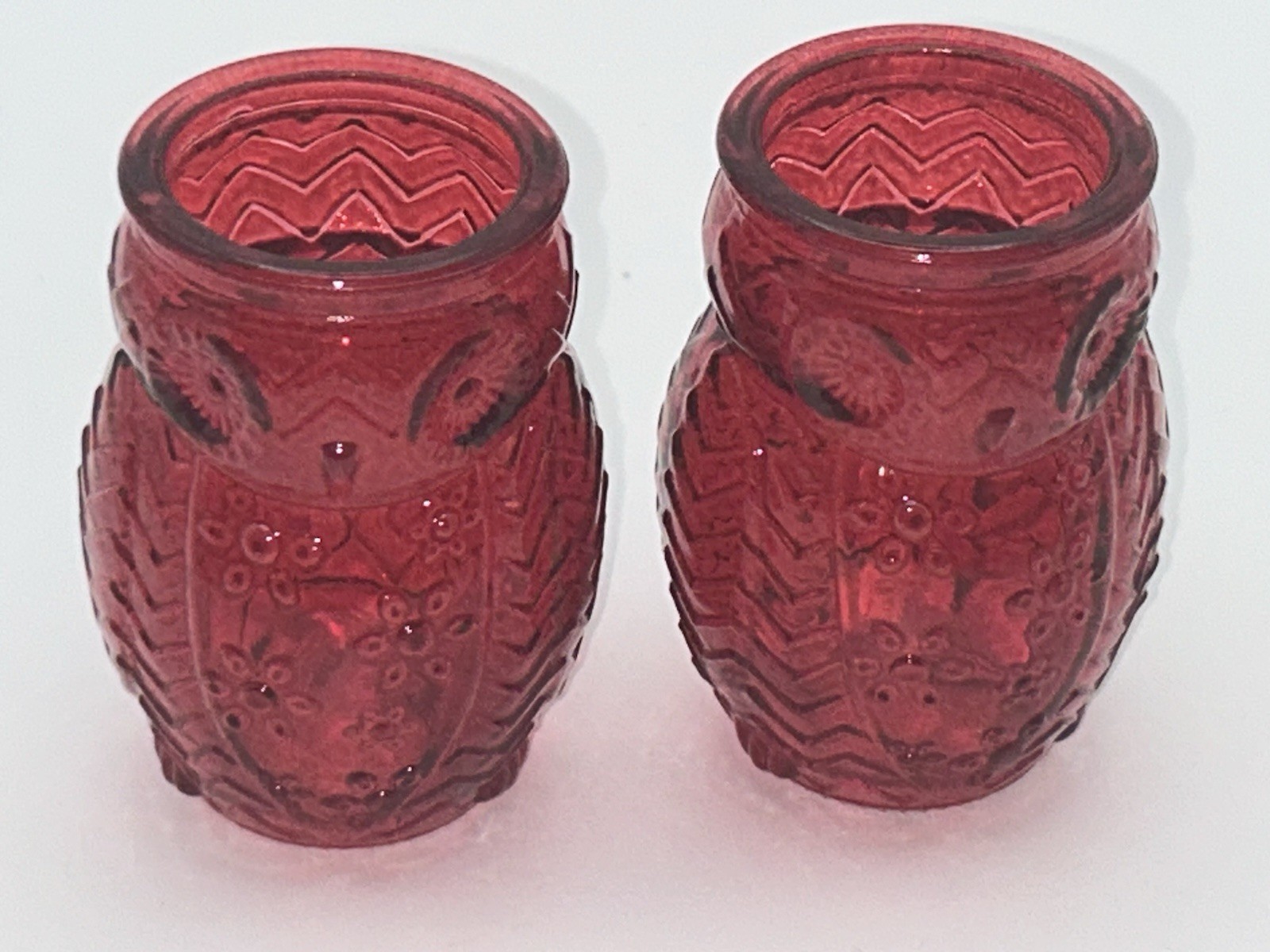 Pair of Ruby Red Owl Flash Shot Glass Toothpick Jars Small Vase 3"