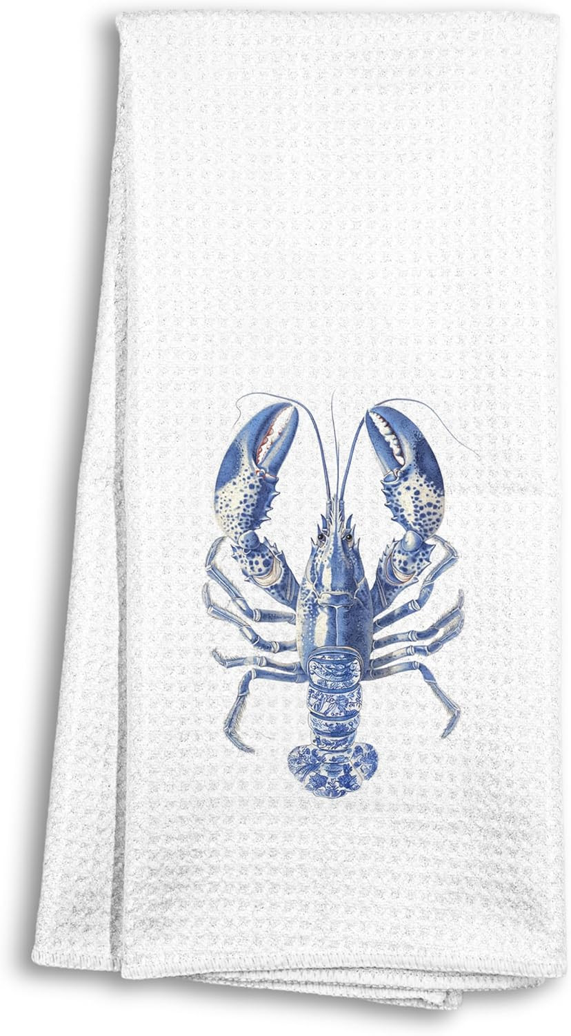 Chinoiserie Beach Coastal Blue and White Crawfish Kitchen Towels, Crawfish Lover