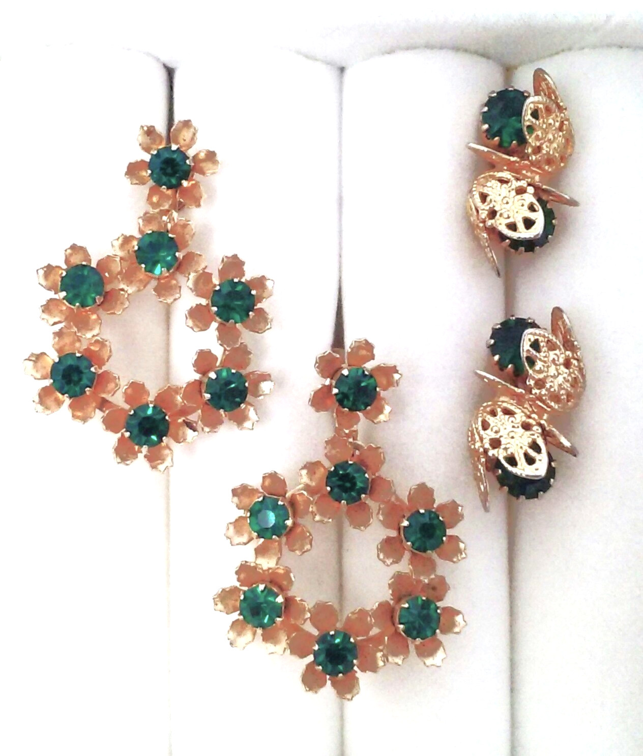 Vtg Lot of 2: CORO Green Rhinestone Flower Wreath GT Earrings + Cocoon Filigree