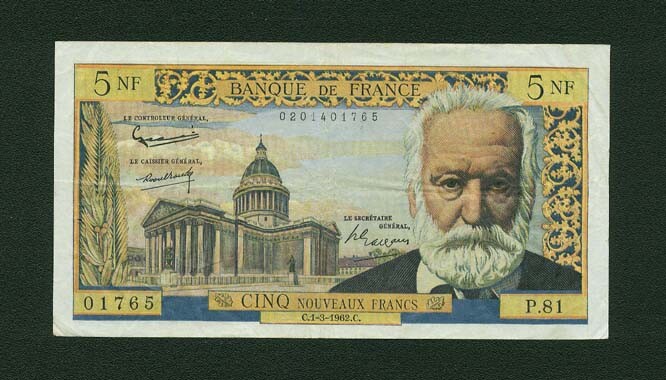 FRANCE  "BANQUE de FRANCE"  1962  5 NEW FRANCS BANKNOTE, PICK#141a, VF