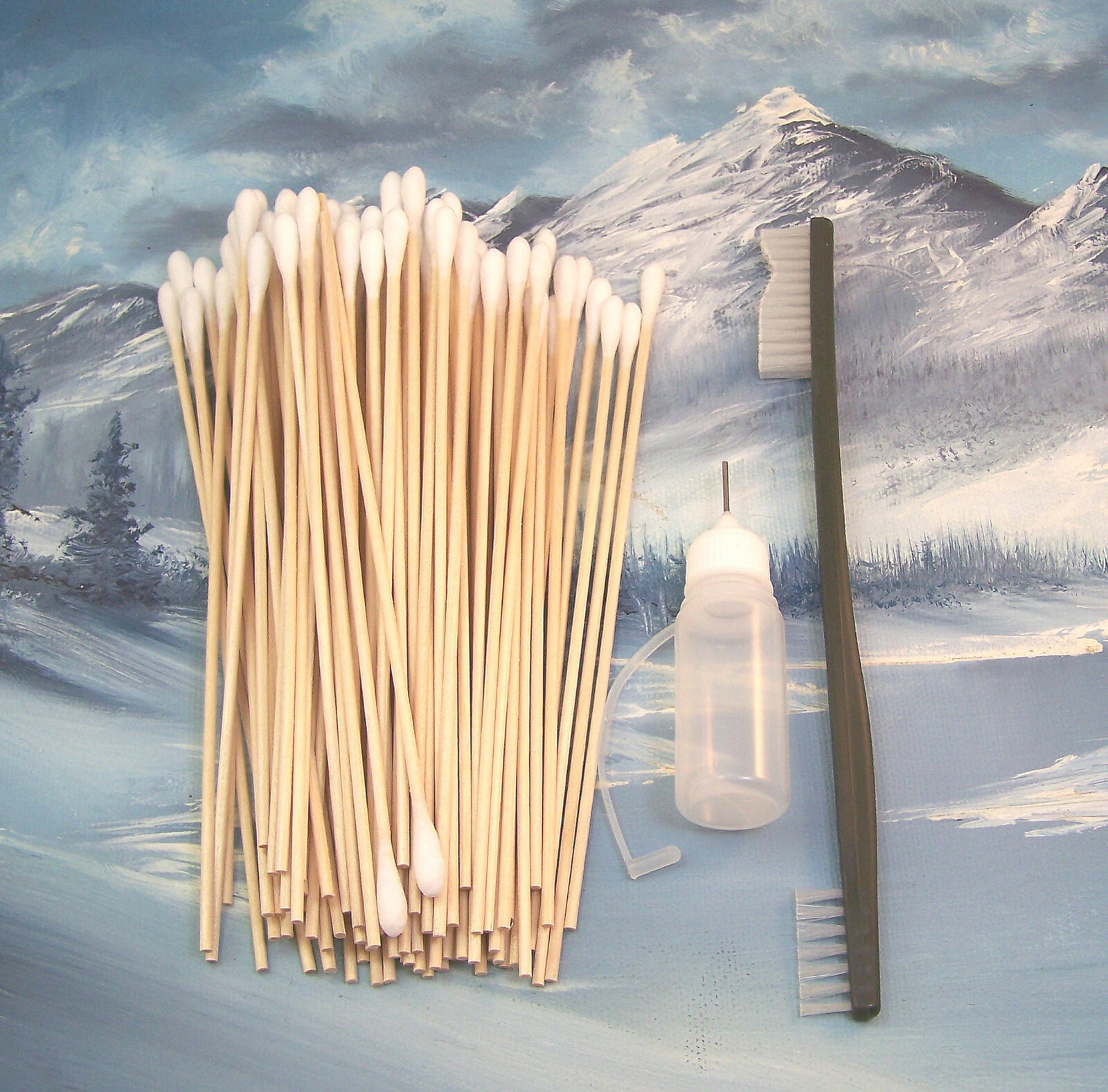 WEAPONS CLEANING ~ 100 6" COTTON TIP SWABS - LUBE BOTTLE - DBL END 7" BRUSH