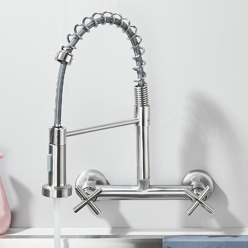 Commercial 8 Inch 2 Handle Wall Mount Kitchen Sink Faucet with Pull Down Sprayer