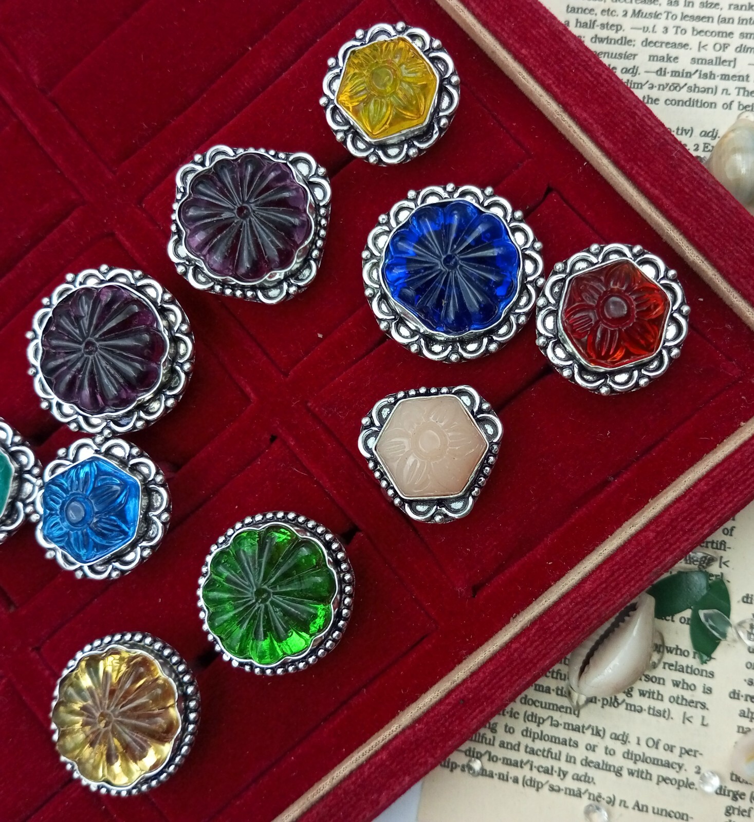 Carving Glass Mix Color 925 Sterling Silver Plated Adorable Lot Rings Jewelry