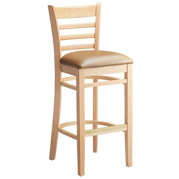 Natural Wood Finish Ladder Back Restaurant Barstool with Light Brown Vinyl Seat