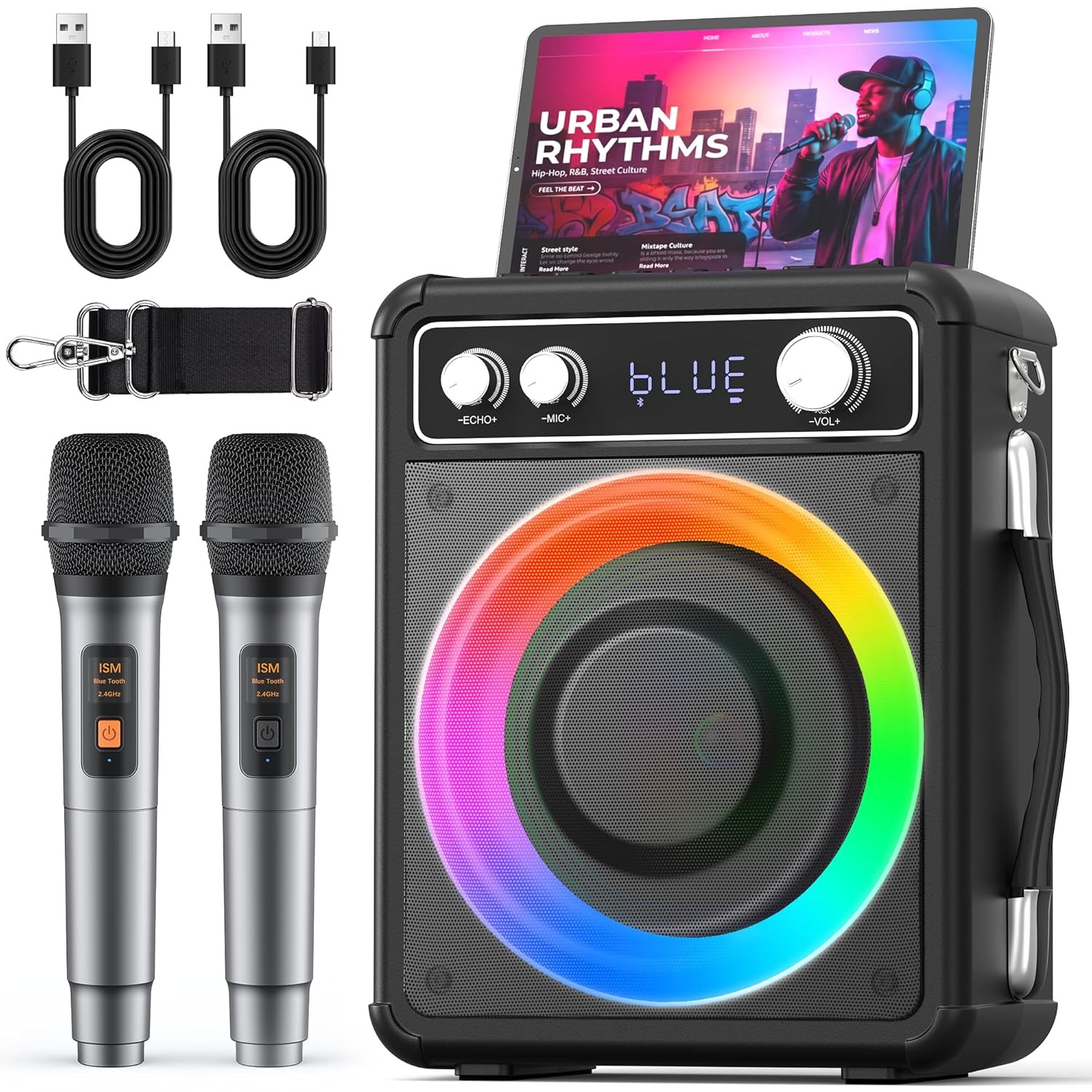 Vosoco Portable Karaoke Machine with 2 Wireless Microphones Bluetooth Speaker