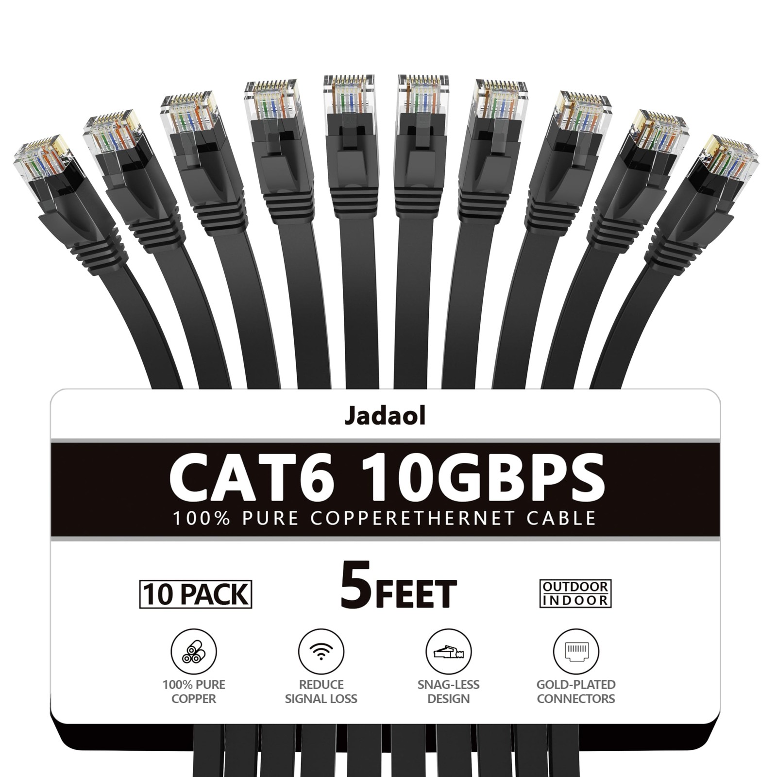 Black Cat 6 Ethernet Cable 5ft 10Gbps Flat High Speed LAN Patch 10 PCS