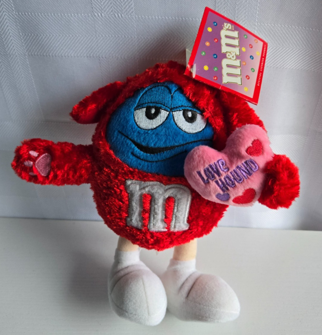 Blue M&M Valentine 8 inch Plush with Red Puppy Dog Coat "Love Hound" 2004 NWT