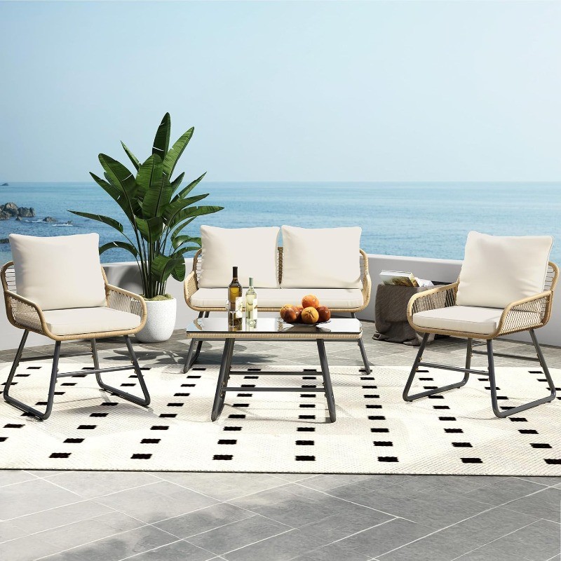 4 Piece Patio Furniture Set Wicker Conversation Sets Boho Loveseat 2 Armchairs