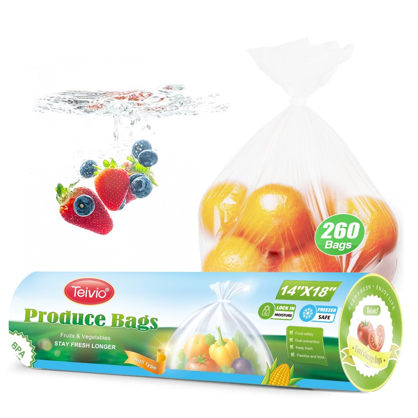 Teivio 260 Count 14" x 18" Plastic Produce Bags 1 (Pack of 260), Clear