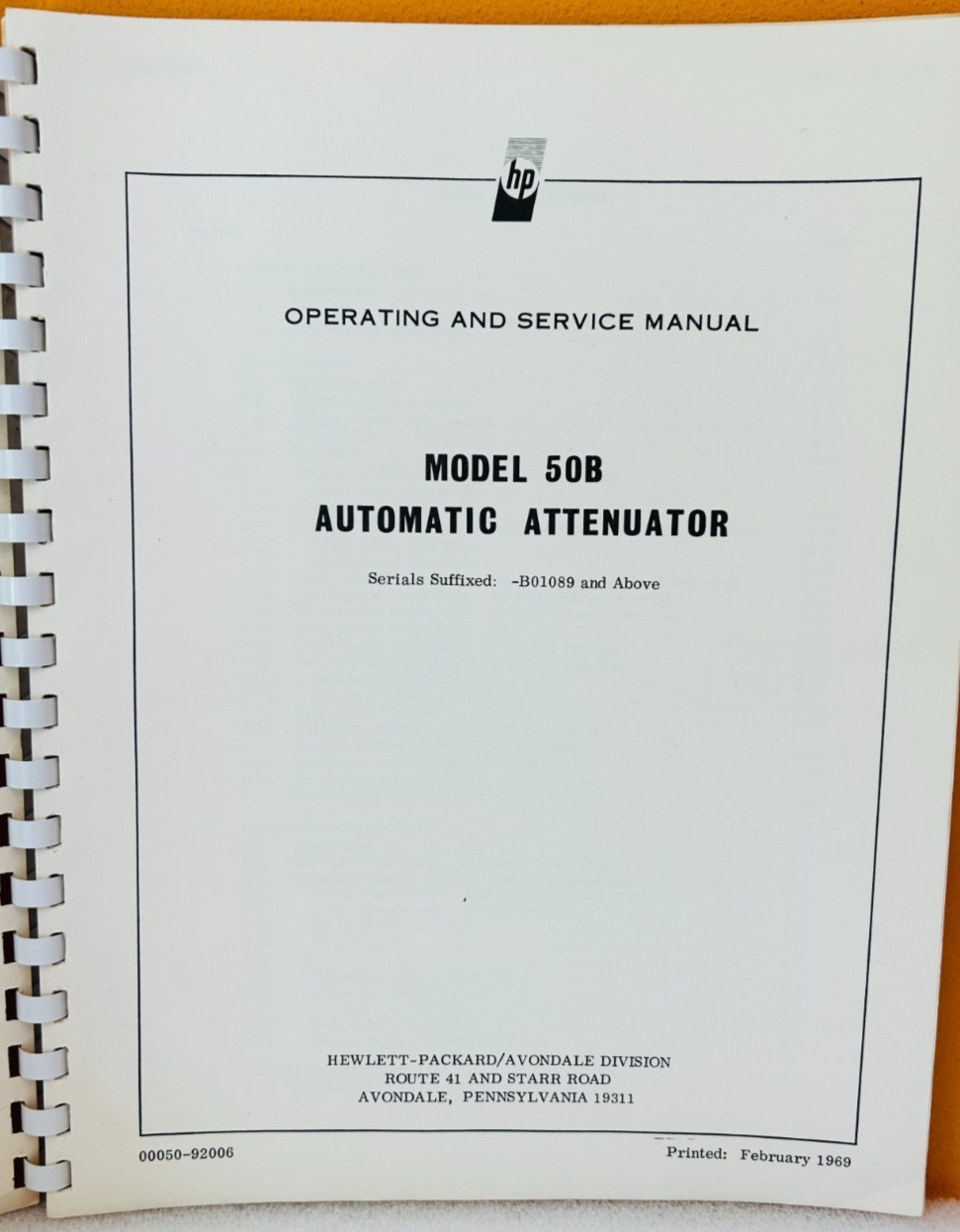 HP 00050-92006 1969 Model 50B Automatic Attenuator Operating & Service Manual.