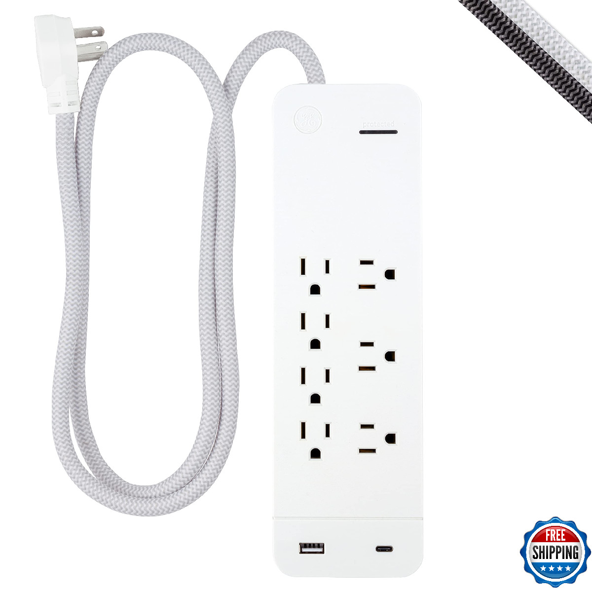 GE UltraPro 7 Outlet Surge Protector, USB-C Charging, 4 ft Designer Braided Exte