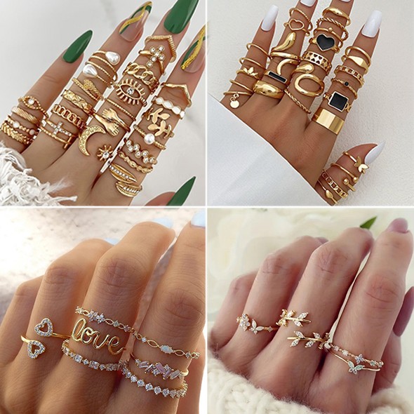 27/23Pc Boho Gold Crystal Geometric Above Knuckle Finger Ring Set Women Jewelry+