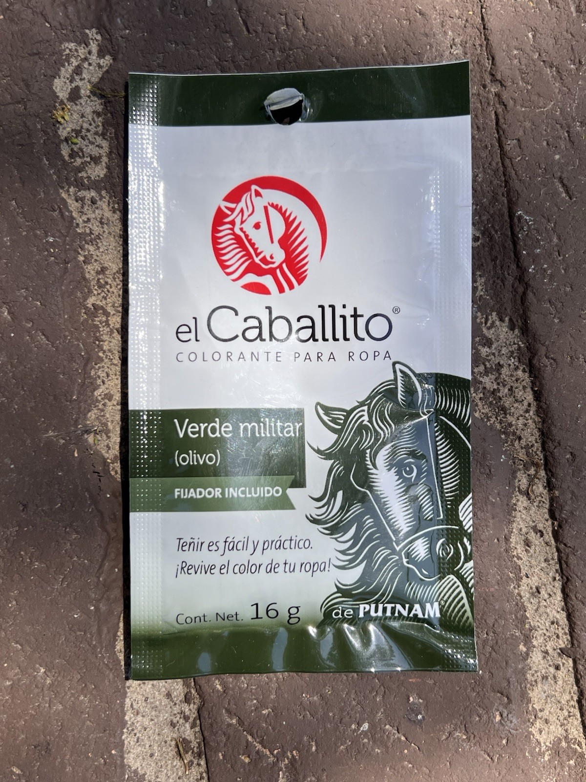 1- SOBRES COLORANTE PINTURA PARA ROPA EL CABALLITO COLOR VERDE OLIVA MILITAR 16G