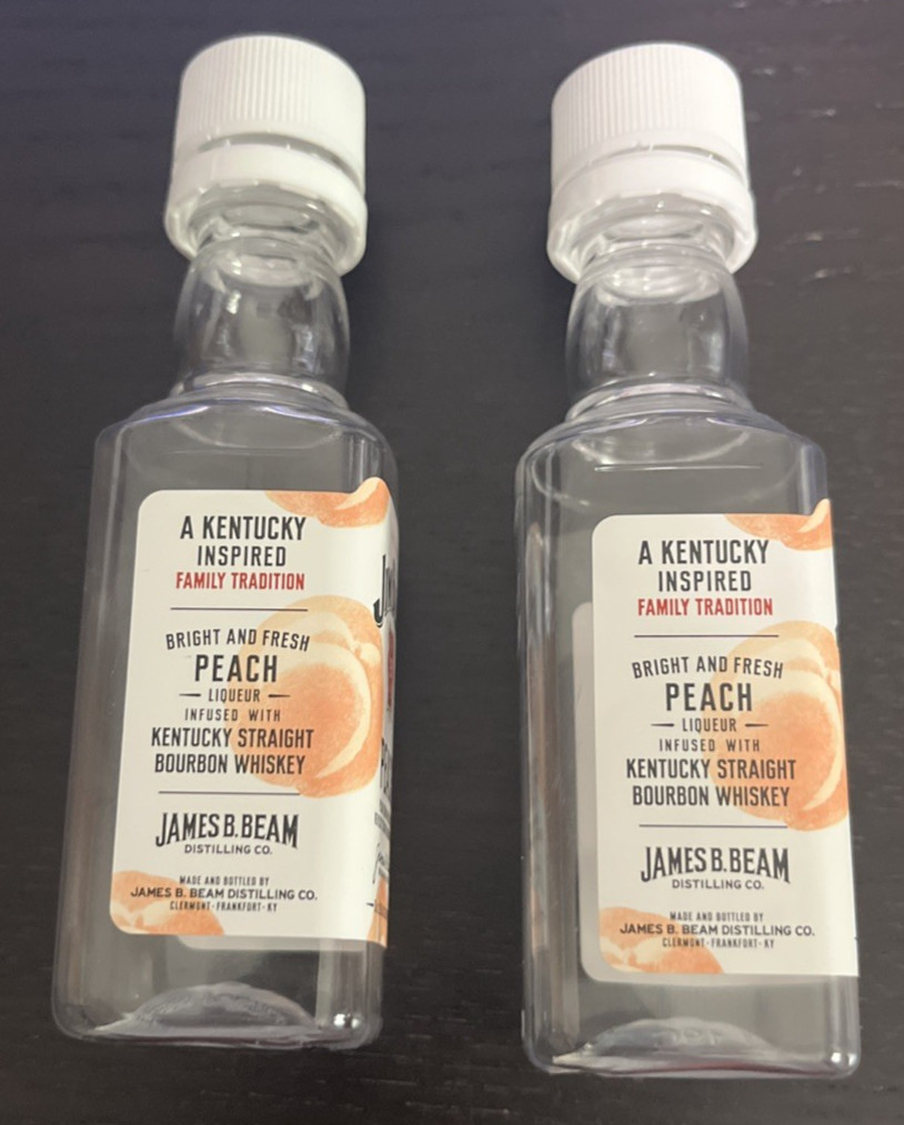 2 Empty Jim Beam Peach Whiskey Bottles - 50ml - Plastic - w/lids