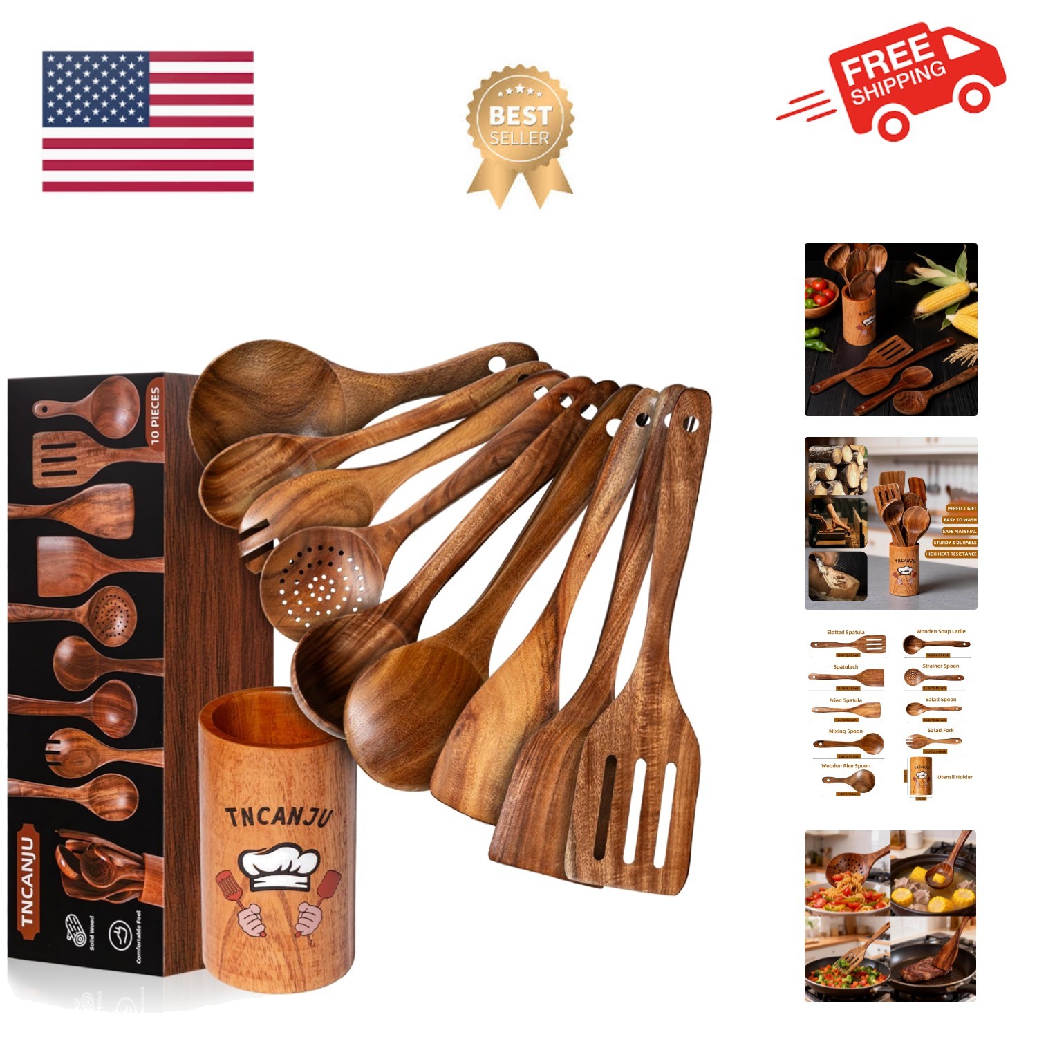 Teak Wood Cooking Utensils Set - 10 Piece Natural Wooden Spoons for Cooking, ...
