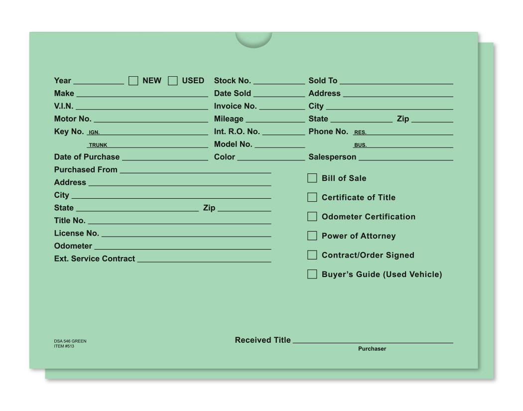 Deal jacket - Green - Auto Car Dealer Record Envelope - Qty 500 Free Ship - #513