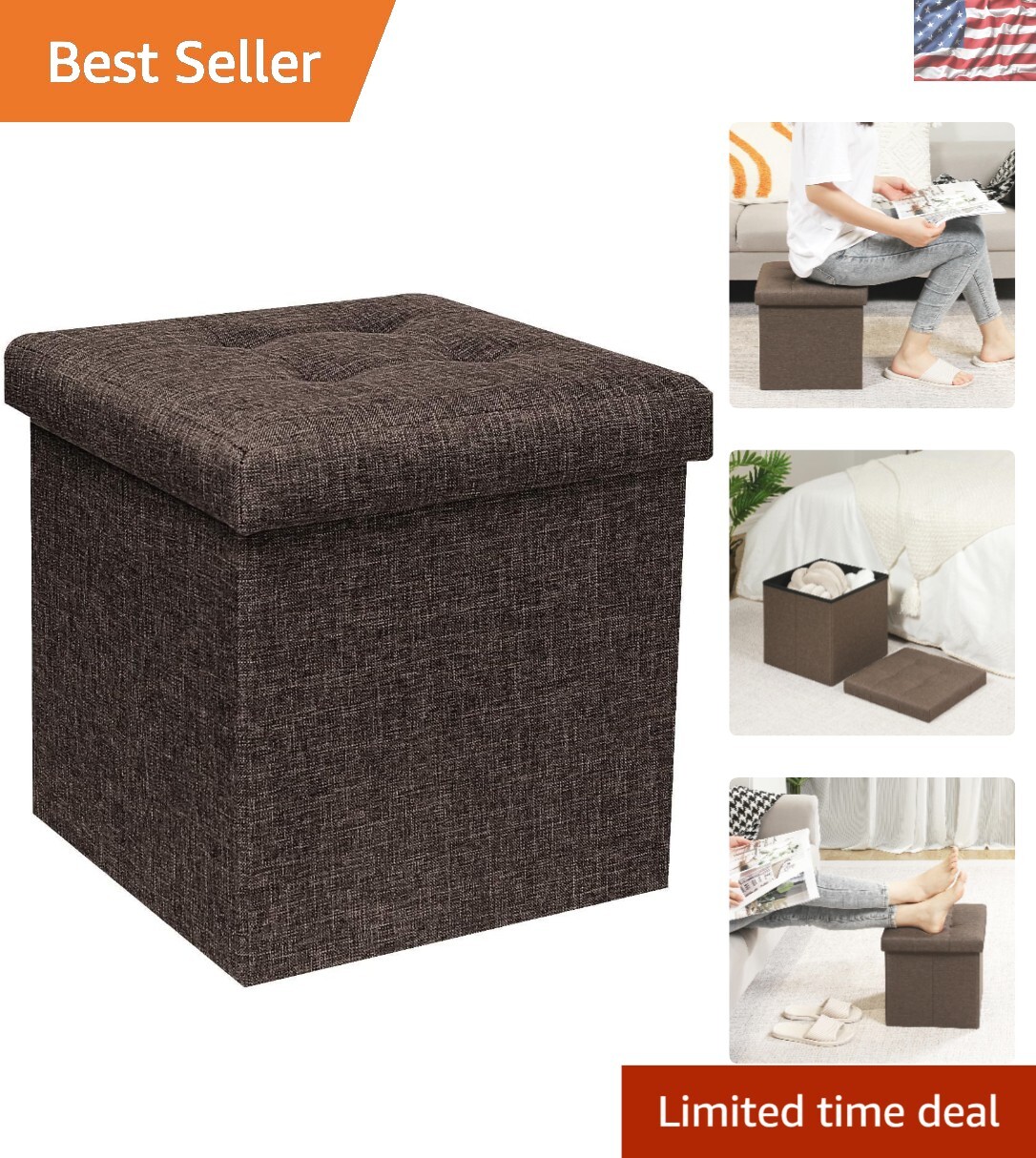 Elegant 12.6" Cube Storage Ottoman – Stylish Folding Footrest in Linen Brown