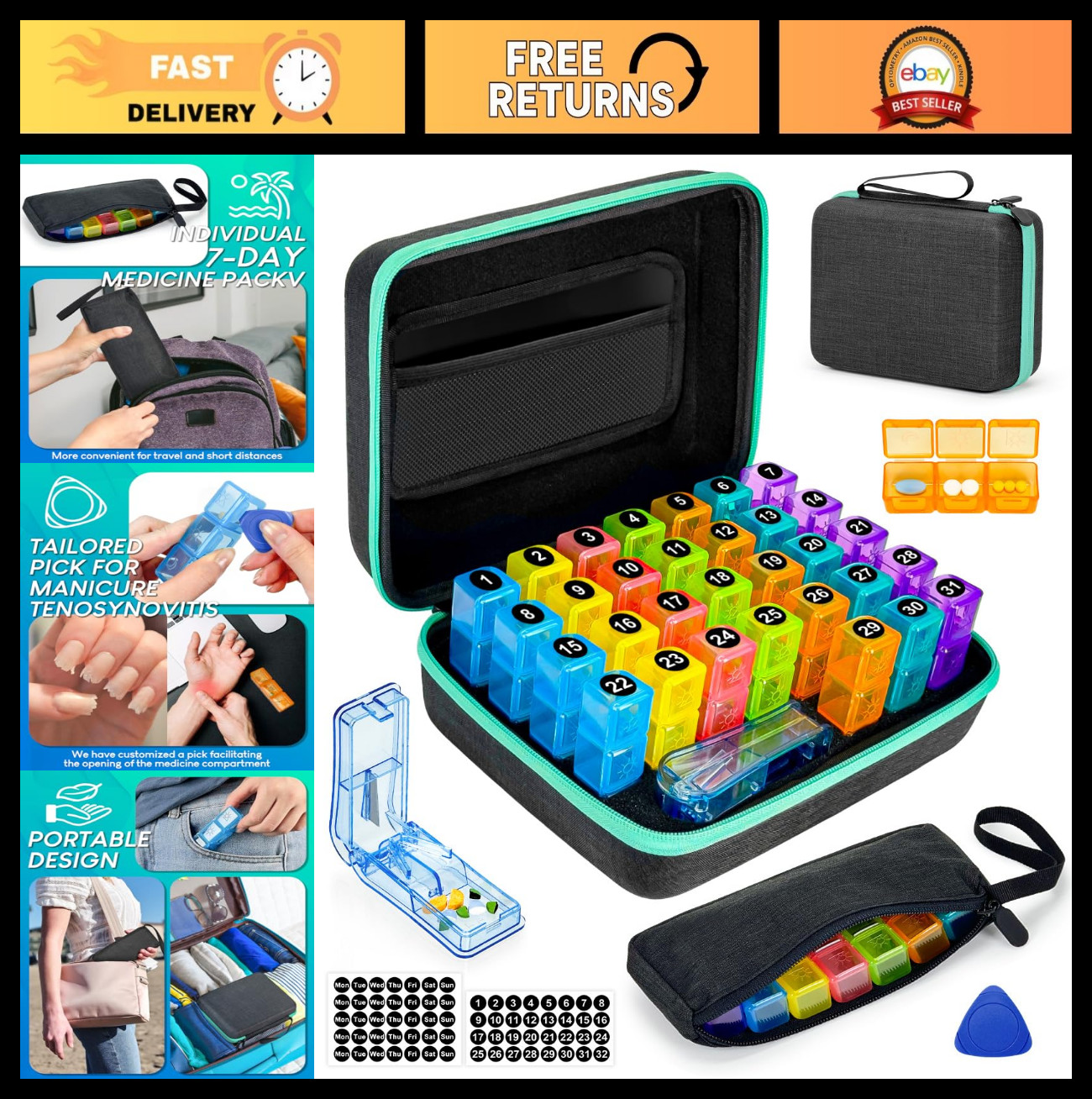 31-Day Pill Organizer with Portable Hard Shell, Cutter & Stickers - 3x Daily Use