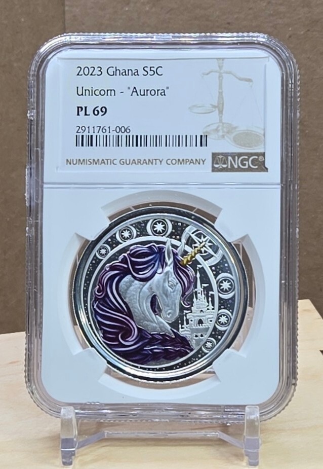 2023 GHANA - 5 CEDIS - UNICORN - " AURORA " - NGC PL69 - VIOLET COLORED