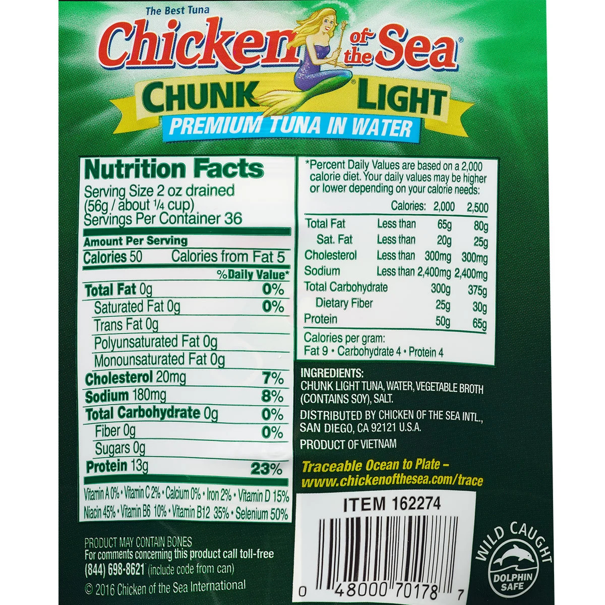 Chicken of the Sea, Chunk Light Premium Tuna in Water, 7 oz, 12-Count