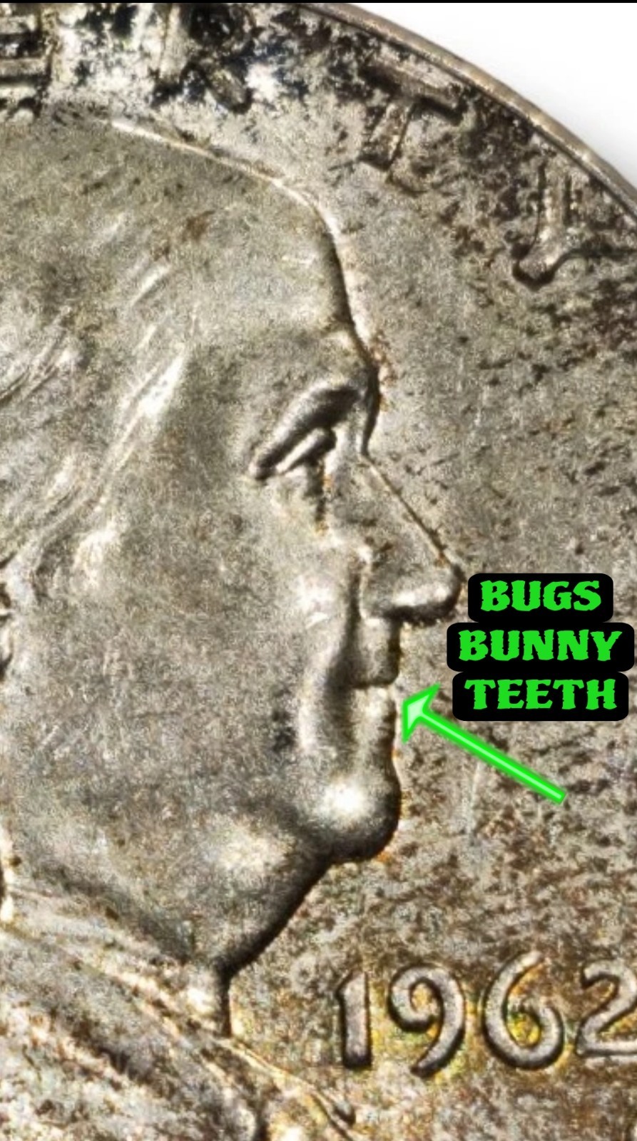 1962 P BUGS BUNNY TEETH US Benjamin Franklin .900 Silver Half Dollar Coin # 1626