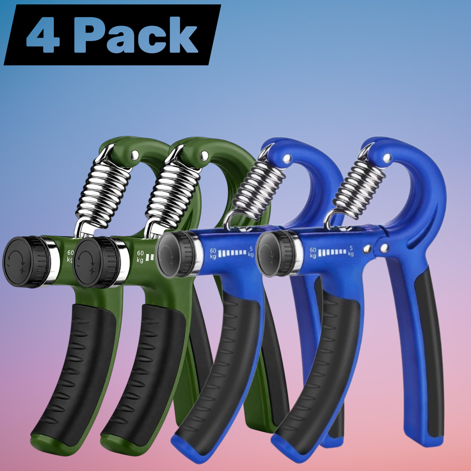 4 Pack Hand Grip Strengthener Adjustable Forearm Wrist Exerciser Blue Green
