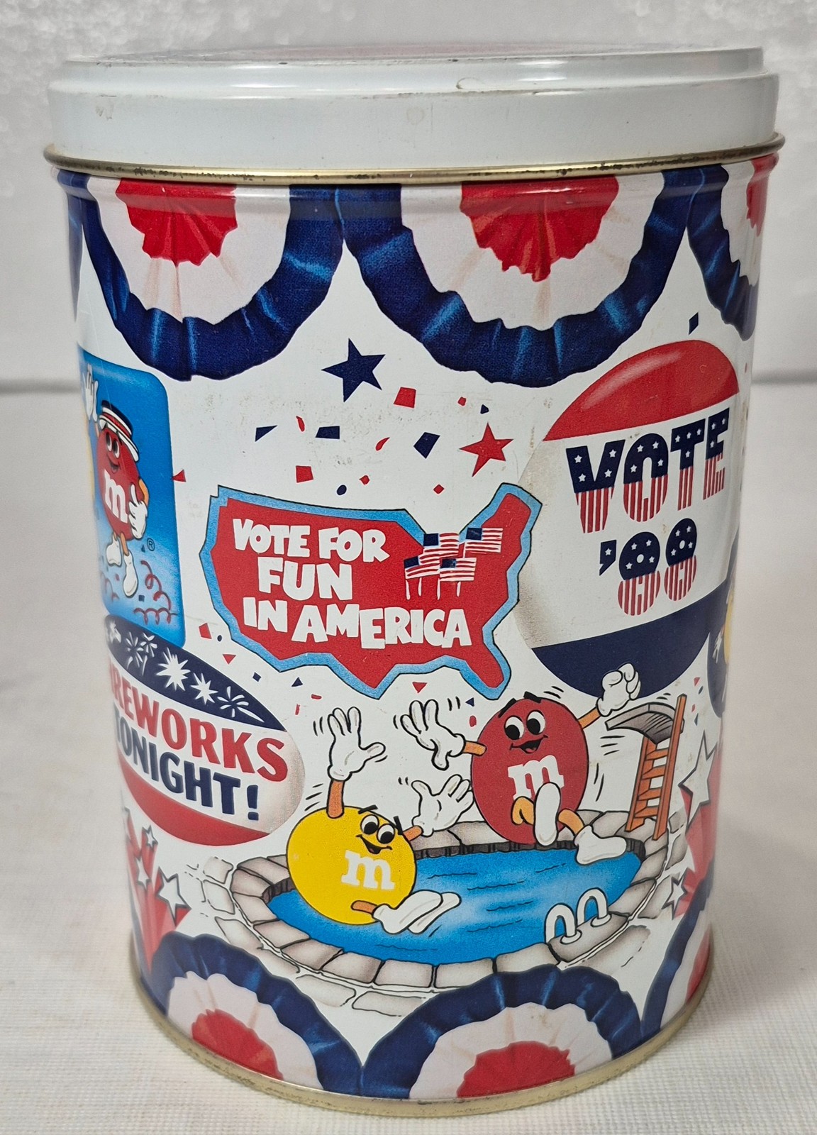 Peanut M&M Collectible Tin Can 1988 July 4th Fireworks Patriotic Red/White/blue
