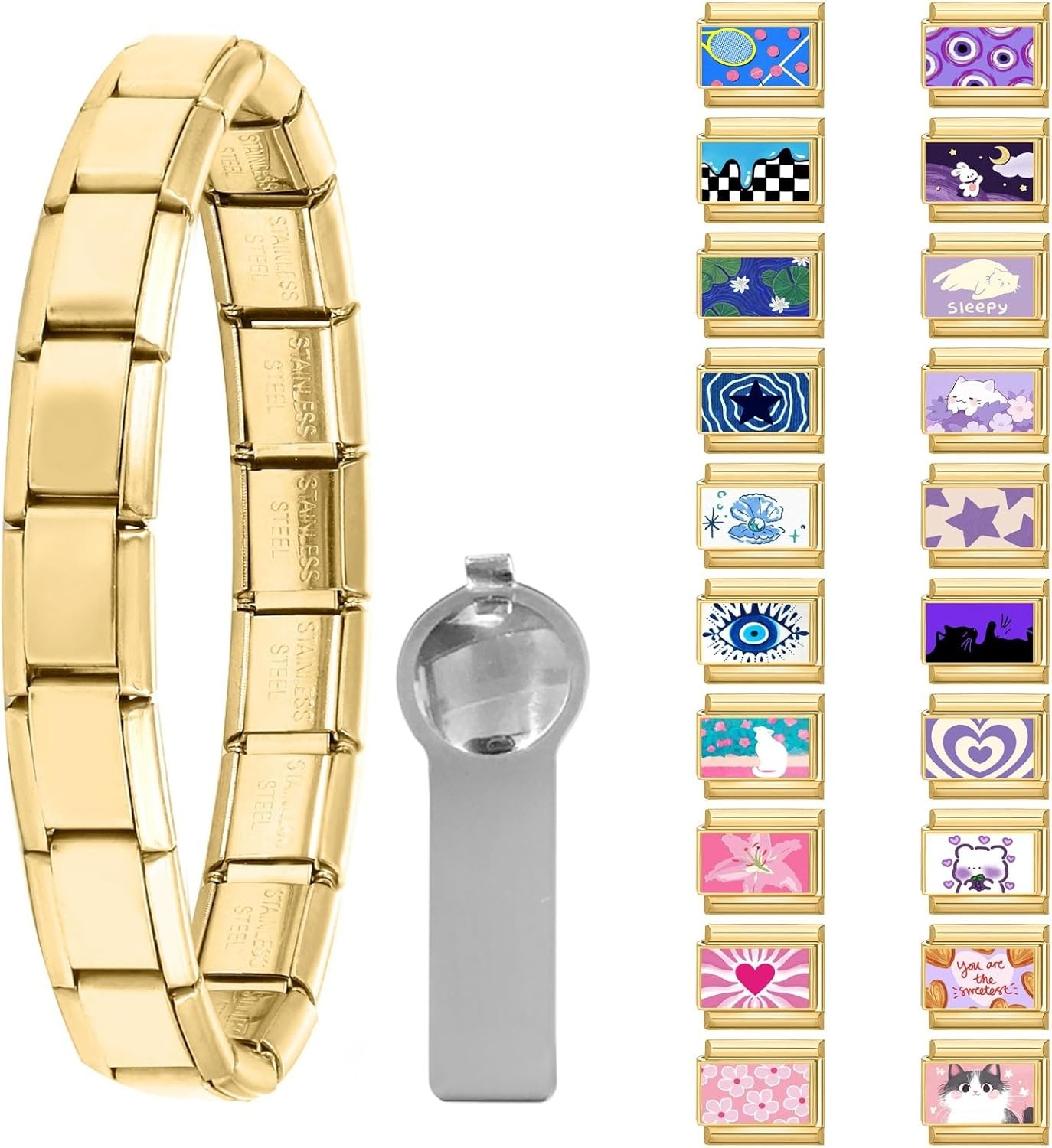 Italian Charm Bracelet Gold 22pcs Blue 9mm Modular Bulk Pack Links Handmade DIY