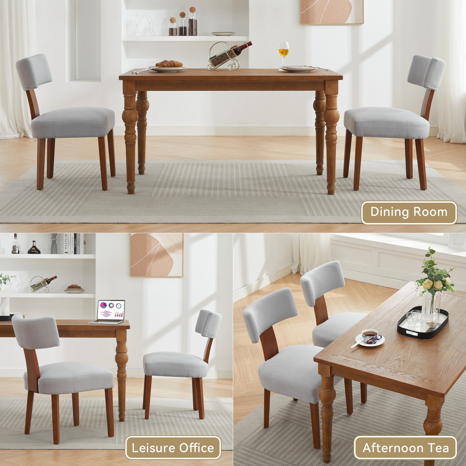 064-Set of 2 Linen Fabric Modern Armless Dining Chairs With Curved backrest an