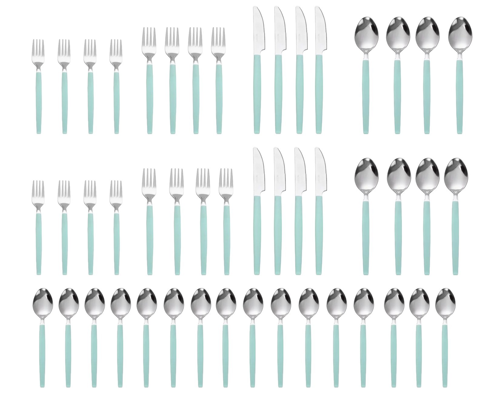 49 Piece Stainless Steel & Plastic Flatware Set W/ Tray Teal Blue Service for 8