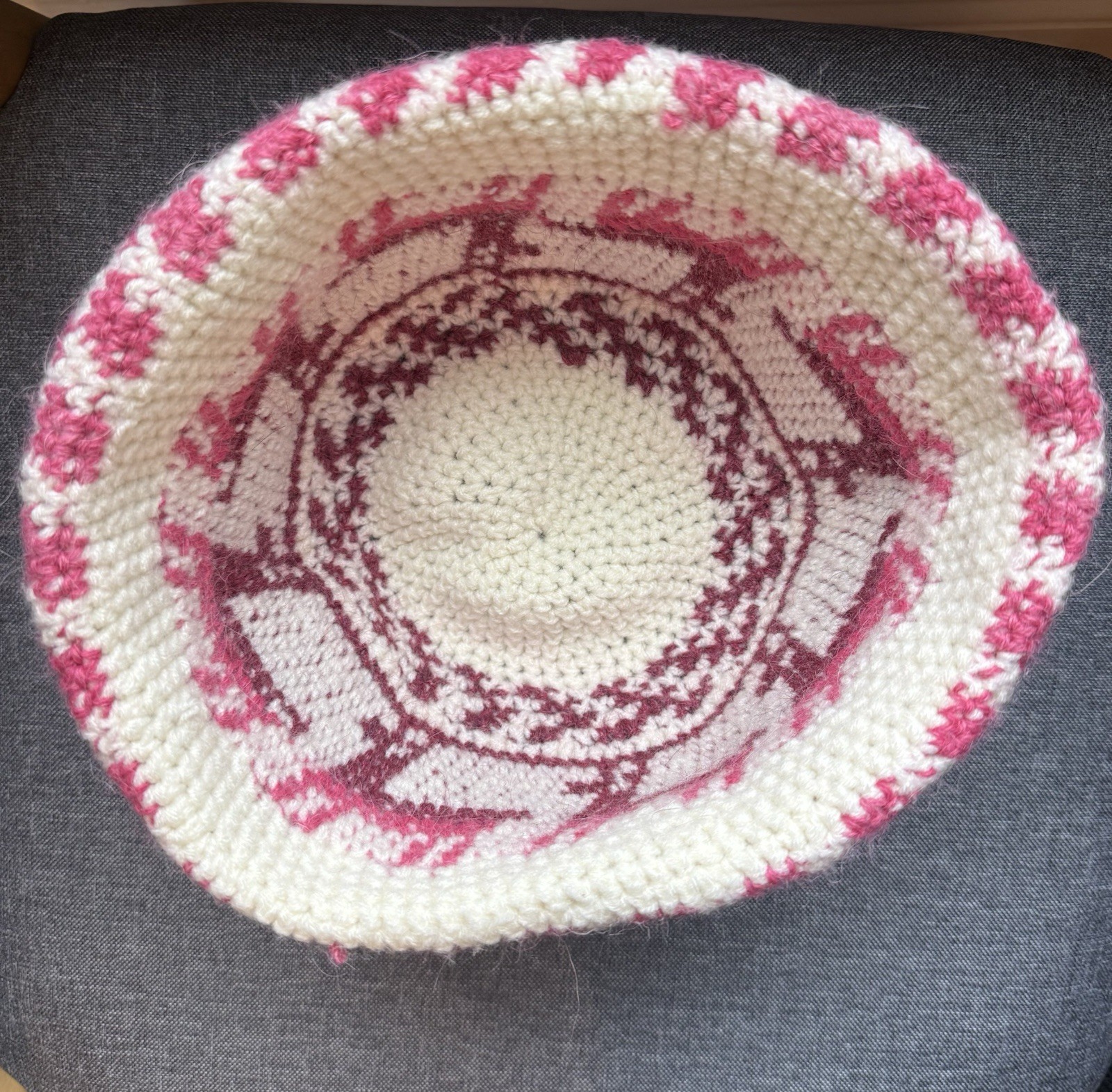 Handmade Crochet Bucket Hat Llama Pattern Maroon Pink Cream Knit Winter Hat